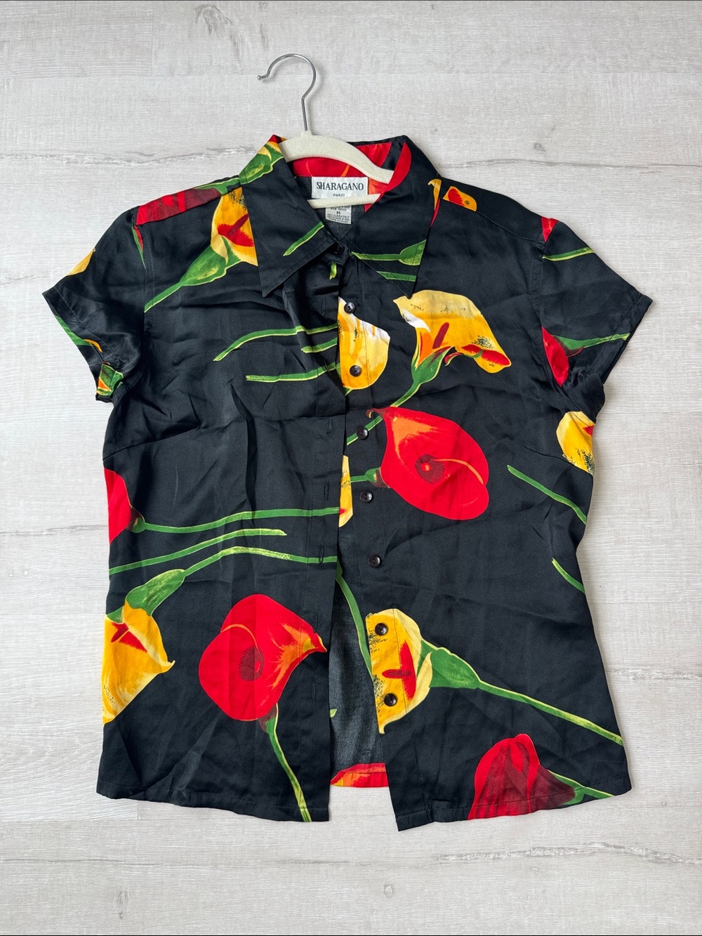 Sharagano Black Button-Up Blouse with Red & Yellow Floral Print